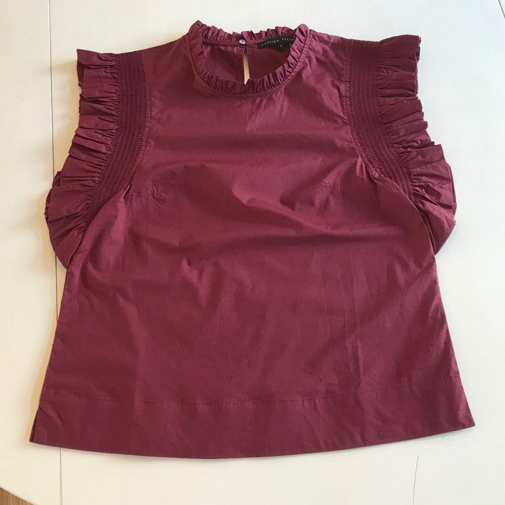 ENGLISH FACTORY BURGUNDY RUFFLE SLEEVE POPLIN TOP - Picture 4 of 12